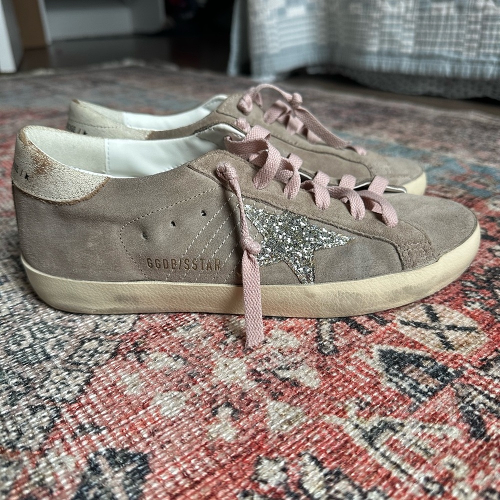 Golden Goose Women's Sneakers - Taupe and Pink with Glitter Star Sz 37